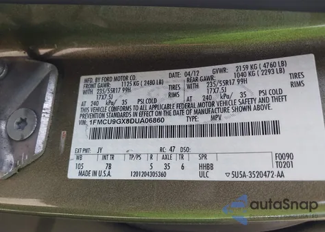 2013 Ford Escape Se z USA, uszkodzony, nr VIN 1FMCU9GX8DUA06860